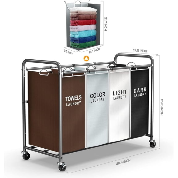Laundry Hamper Sorter Cart: 4-Section Organizer with Heavy-Duty Lockable Wheels and Removable Bags | 172L Rolling Laundry Basket for Dirty Clothes in Laundry Room or Small Spaces (Multicolor)