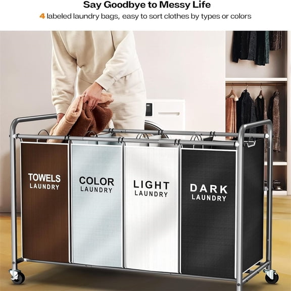 Laundry Hamper Sorter Cart: 4-Section Organizer with Heavy-Duty Lockable Wheels and Removable Bags | 172L Rolling Laundry Basket for Dirty Clothes in Laundry Room or Small Spaces (Multicolor)