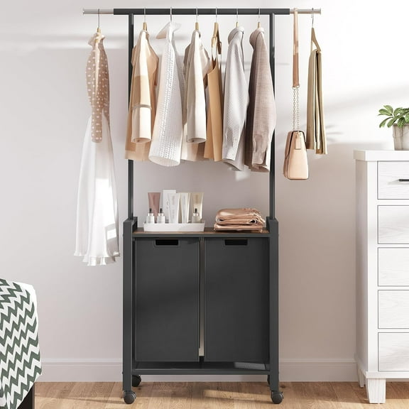 Laundry Hamper Sorter with Retractable Hanging Rod & Locking Wheels - Heavy Duty Laundry Room Organizer with Shelf,2 Hamper