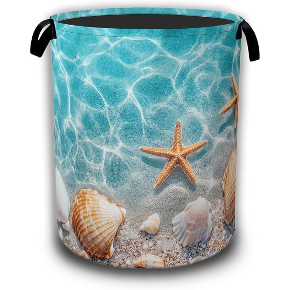 Laundry Hamper,Starfish and Seashell on Beach Collapsible Laundry Baskets Waterproof Oxford Cloth With Handles,Clothes Storage Bucket Toy Organizer For Bathroom/Nursery/Bedroom 16" x 20.8"