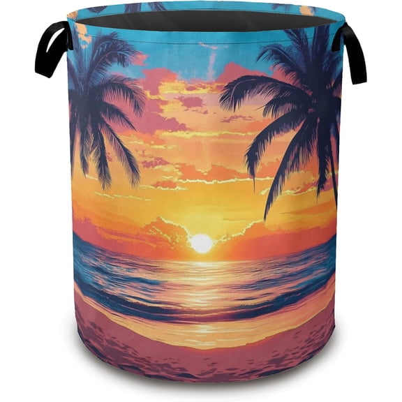 Laundry Hamper,Tropical Palm Laundry Basket,Sunset Sea Beach Waterproof Oxford Cloth Storage Basket with Handle for Clothes Books Nursery Home Storage Sundries 16"x20"