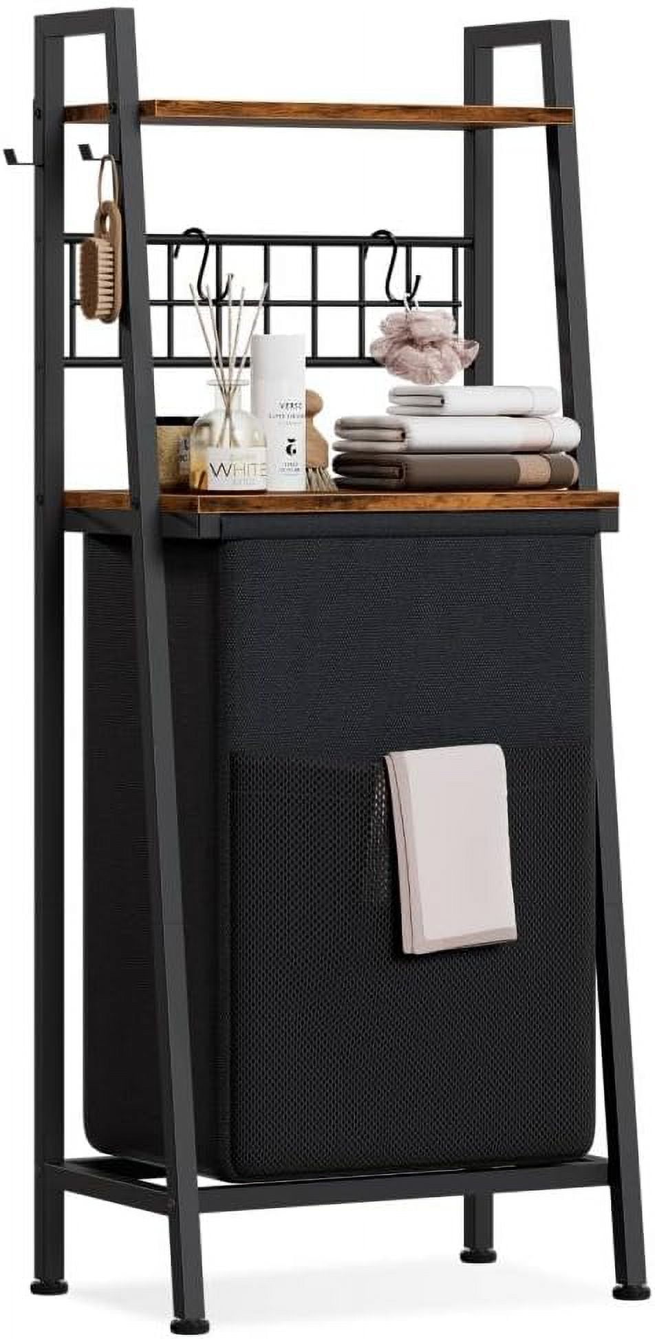 MX-Laundry Hamper, Vertical Laundry Basket with 2 Tiers Wooden Shelf and Hooks, Clothes Hamper with Pull-Out and Removable Bag for Bathroom, Bedroom, Dorm, 13.21 Gallons (50L)
