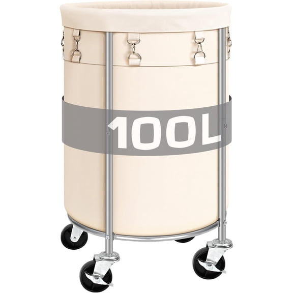 Laundry Hamper with Wheels, 100L Round Rolling Laundry Basket Sorter with Removable Bag, Clothes Cart Organizer with Steel Frame for Bedroom, Bathroom, Laundry Room, Beige