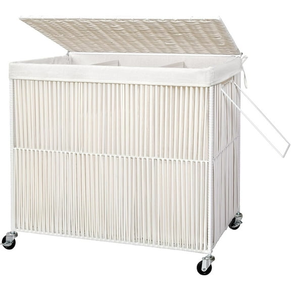 Laundry Hamper with Wheels, 160L Handwoven Rolling Laundry Basket 3 Section with Lid, Clothes Hamper with 3 Removable Liner Bags, Large Capacity Laundry Sorter Laundry Room Organization, White