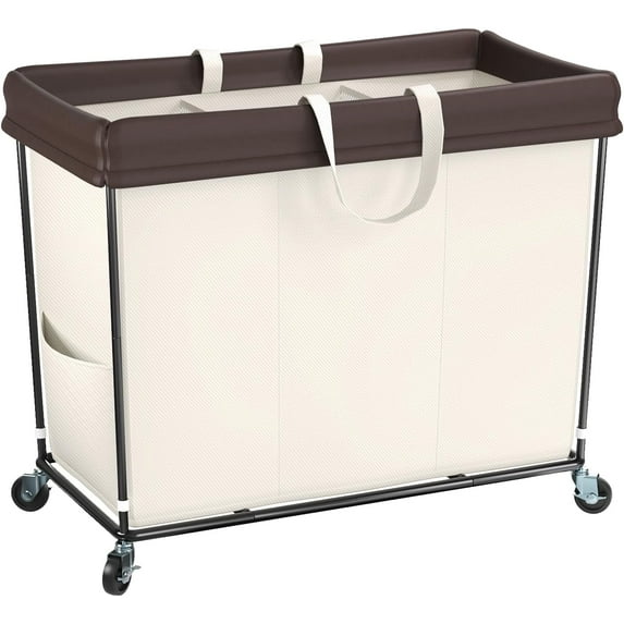 Laundry Hamper with Wheels, 160L Large Laundry Basket 2 Section Laundry Bag Laundry Cart with Wheels, Clothes Hamper for Laundry, Bedroom, Bathroom and Dorm (Beige)