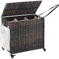 thumbnail image 1 of Laundry Hamper with Wheels, 34.3 Gallon(130L) Rolling Laundry Basket with Lid, 3-Section Rattan Clothes Hamper with 3 Removable Liner & 3 Mesh Bags, Laundry Sorter with Side Pocket, Brown, 1 of 7
