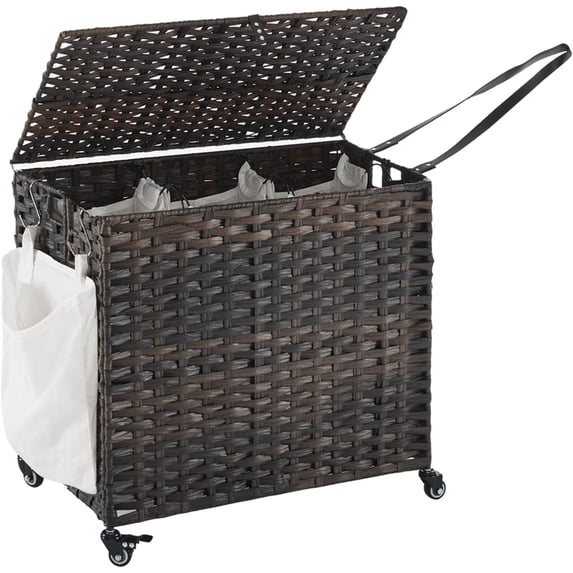 Laundry Hamper with Wheels, 34.3 Gallon(130L) Rolling Laundry Basket with Lid, 3-Section Rattan Clothes Hamper with 3 Removable Liner & 3 Mesh Bags, Laundry Sorter with Side Pocket, Brown