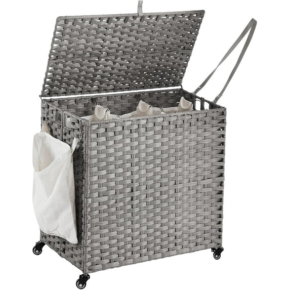 Laundry Hamper with Wheels, 39.6 Gallon(150L) Rolling Laundry Basket with Lid, 3-Section Rattan Clothes Hamper with 3 Removable Liner & 3 Mesh Bags, Laundry Sorter with Side Pocket, Grey