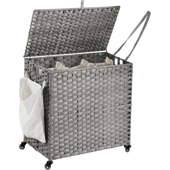 Laundry Hamper with Wheels, 39.6 Gallon(150L) Rolling Laundry Basket with Lid, 3-Section Rattan Clothes Hamper with 3 Removable Liner & 3 Mesh Bags, Laundry Sorter with Side Pocket, Grey