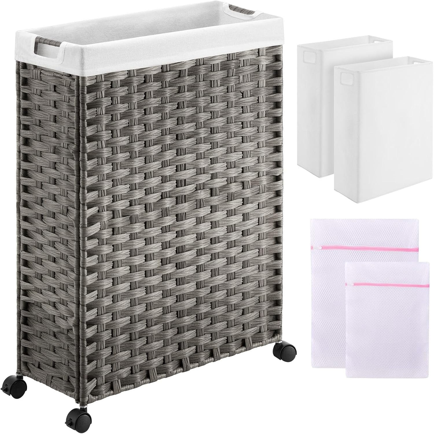 Gray Rattan Slim Laundry Hamper with Wheels and Liners