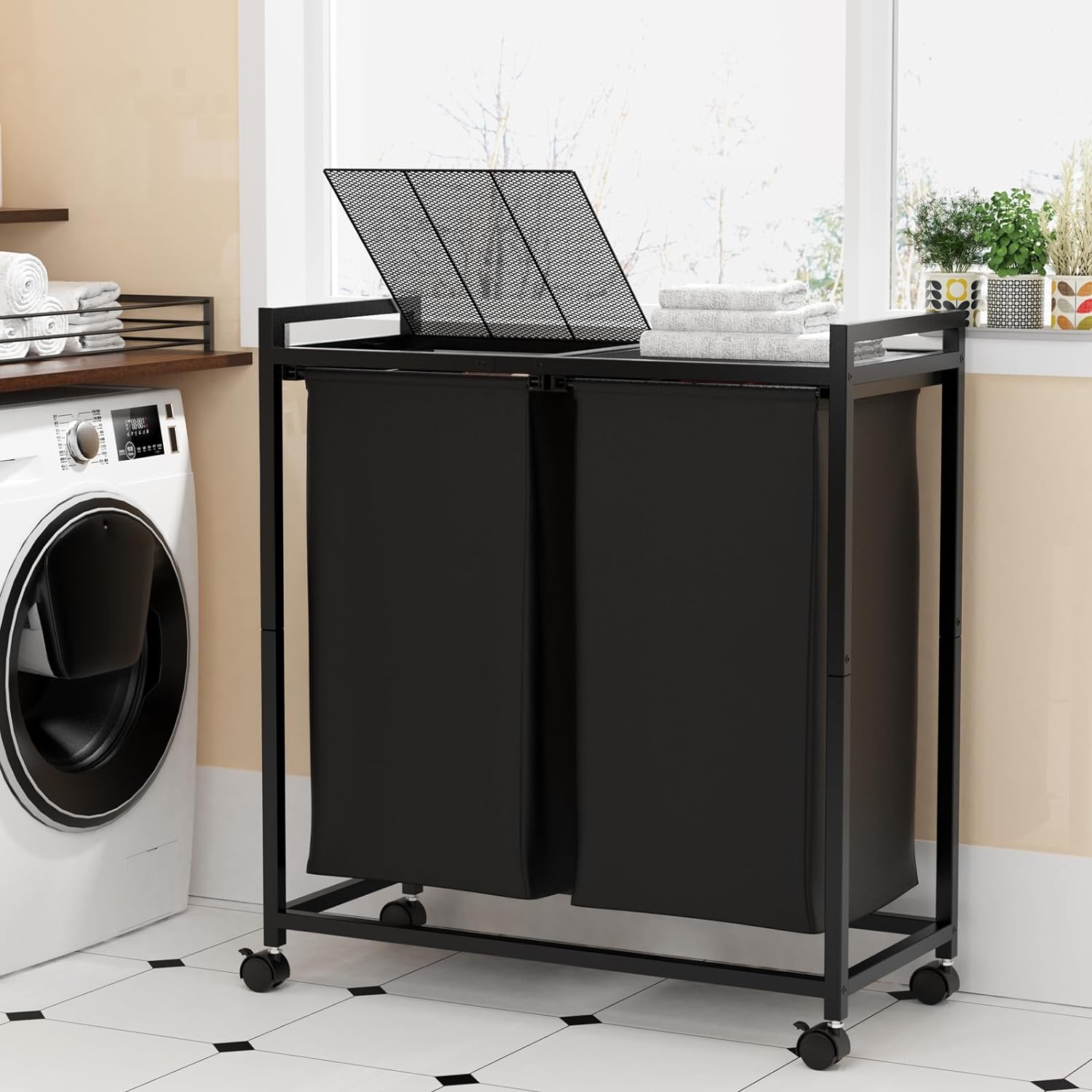 Laundry Hamper with Wheels, 90L Large Double Rolling Laundry Basket 2