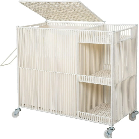 Laundry Hamper with Wheels, Handwoven Laundry Basket with Lid, Shelves, Rolling Clothes Hamper with Removable Liner Bag, 110L Large Laundry Sorter Laundry Room Organization, White