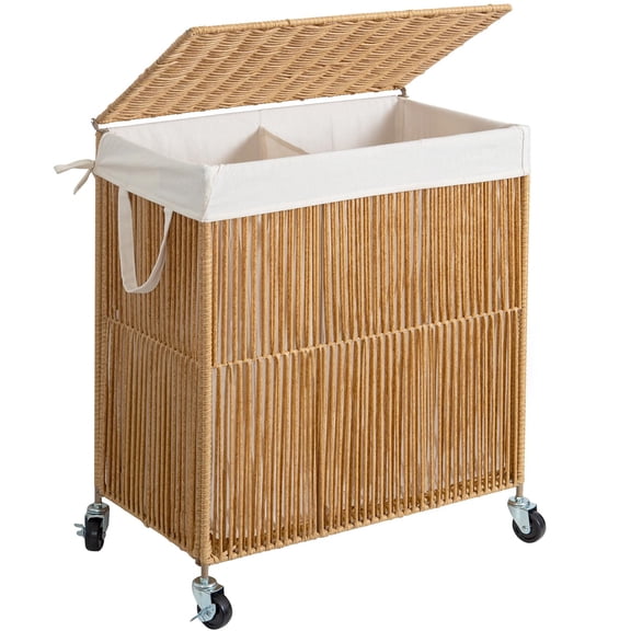 Laundry Hamper with Wheels, Handwoven Rolling Laundry Basket with Lid, Clothes Hamper with Divided Removable Liner Bag, 115L Large Capacity Laundry Sorter Laundry Room Organization, Natural