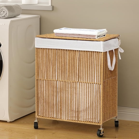 Laundry Hamper with Wheels, Handwoven Rolling Laundry Basket with Lid, Clothes Hamper with Divided Removable Liner Bag, 115L Large Capacity Laundry Sorter Laundry Room Organization, Natural
