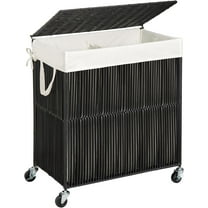 Laundry Hamper with Wheels, Handwoven Rolling Laundry Basket with Lid, Clothes Hamper with Divided Removable Liner Bag, 115L Large Capacity Laundry Sorter Laundry Room Organization, Black