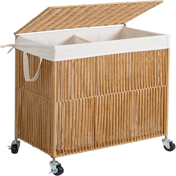 Laundry Hamper with Wheels, Handwoven Rolling Laundry Basket with Lid, Clothes Hamper with Divided Removable Liner Bag, 115L Large Capacity Laundry Sorter Laundry Room Organization, Natural