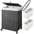 thumbnail image 1 of Laundry Hamper with Wheels, No Install Needed, 90L Divided Handwoven Hampers & 2 Removable Liner Bags, Rattan Clothes Laundry Basket with Lid & Handles, Foldable Hampers Gray 18x13x26.4 In, 1 of 8