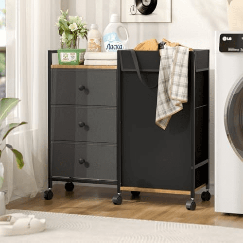 Laundry Hamper with Wheels, Laundry Sorter with Shelf and 3 Drawers, Total Capacity 123L/32.5 Gal (3 DrawersBags), Laundry Cabinet with Fabric Detachable Bags, Clothes Hampers for Bedroom Bathroom