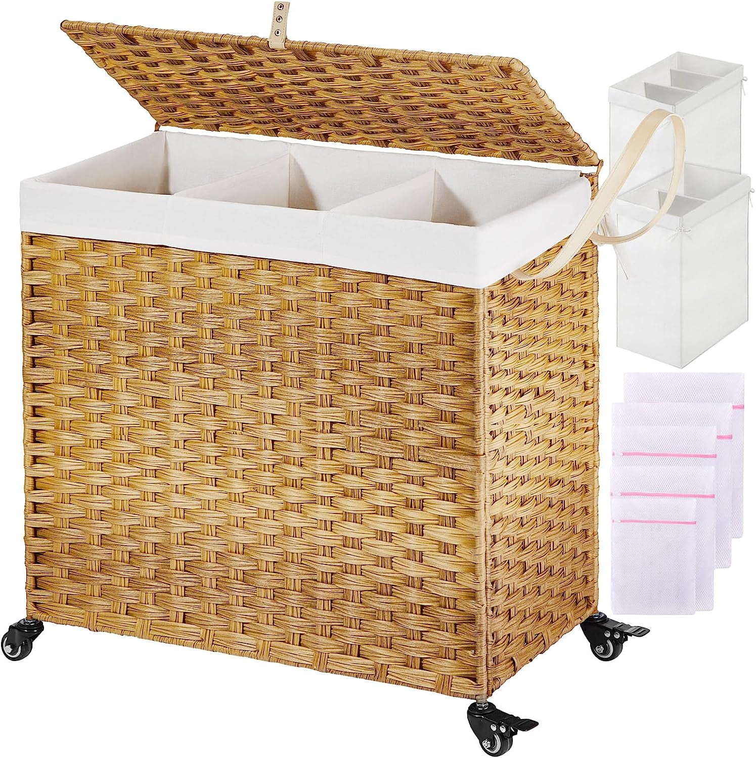 Laundry Hamper with Wheels&Lid, 125L Large 3 Sections Clothes Hamper