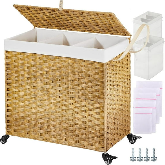 Laundry Hamper with Wheels&Lid, 130L Large 3 Sections Clothes Hamper with 2 Types Removable Liner Bags, 5 Mesh Laundry Bags, Handwoven Divided Laundry Basket for Clothes, Natural