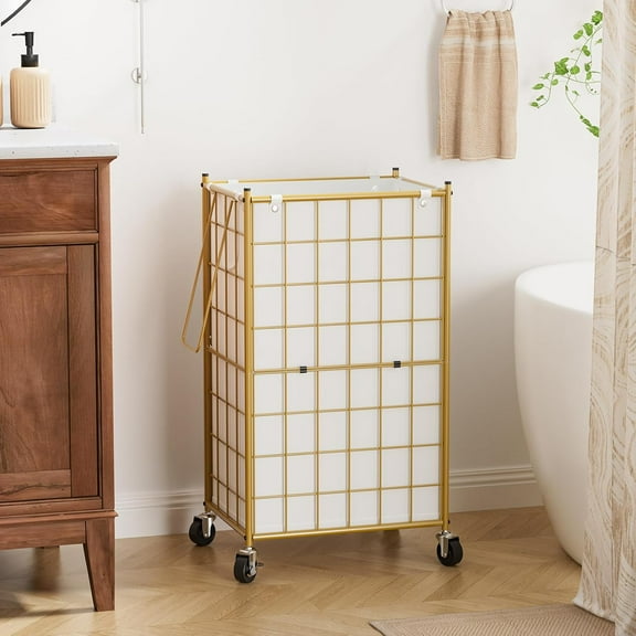 Laundry Hamper with Wheels, Metal Wire Frame Rolling Laundry Basket with Removable Bag, 100L Dirty Clothes Hamper Organizer Dorm Room Storage for Bedroom, Bathroom, Golden