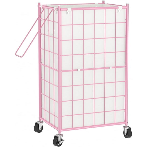 Laundry Hamper with Wheels,Metal Wire Frame Rolling Laundry Basket with Removable bag,100L Dirty Clothes Hamper Organizer Dorm Room Storage for Bedroom,Bathroom,Pink