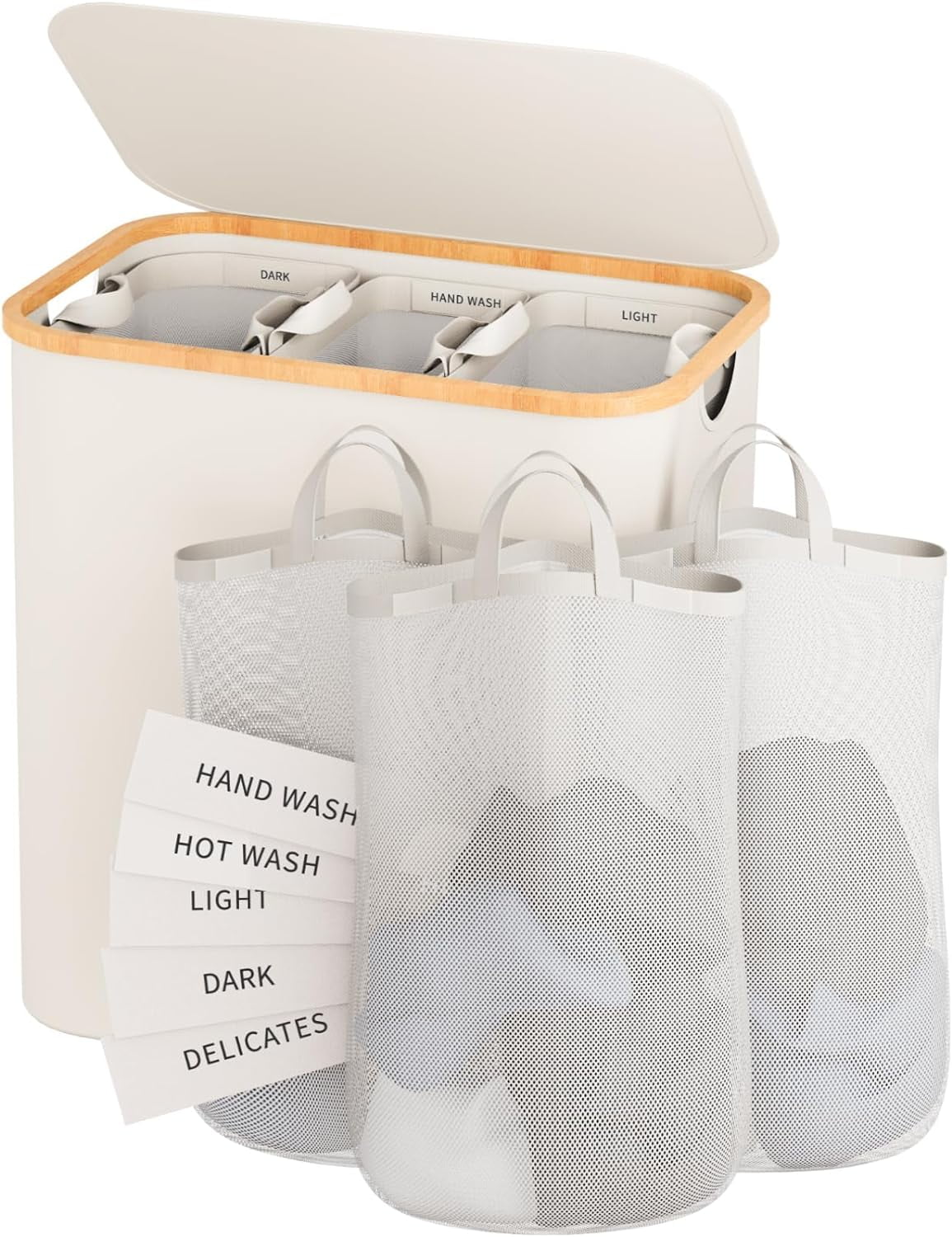 Beige 160L Bamboo Frame Laundry Hamper with Lid and Removable Bags
