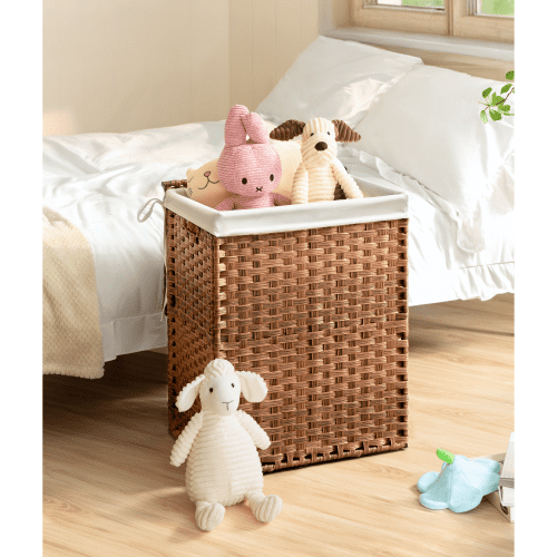 Laundry Hamper With Lid PE Rattan Powder Coating Frame Clothes Hampers with 01 Removable Bags, 100L, Brown Color
