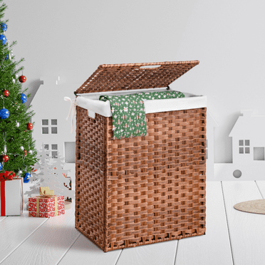 Laundry Hamper With Lid PE Rattan Powder Coating Frame Clothes Hampers with 02 Removable Bags, Wheels, 160L, Brown Color