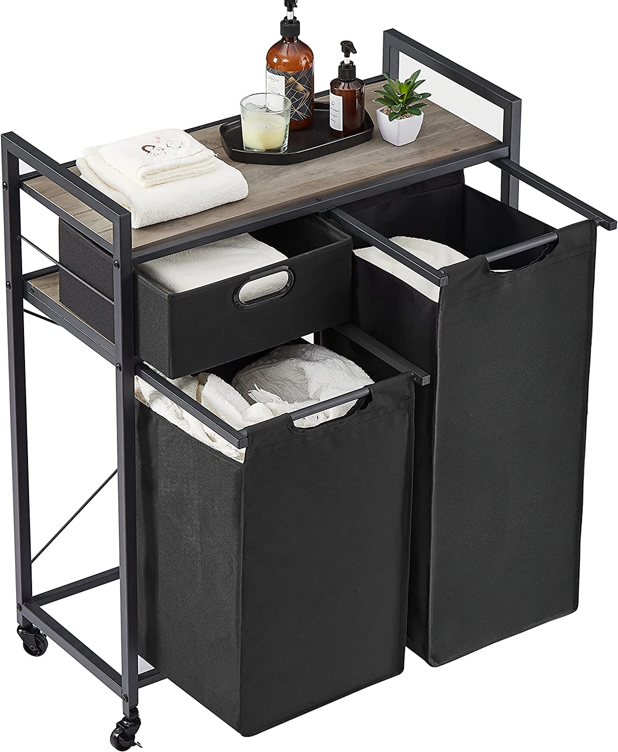 Laundry Hamper With Shelf, Laundry Basket With Wheels 3 Sections