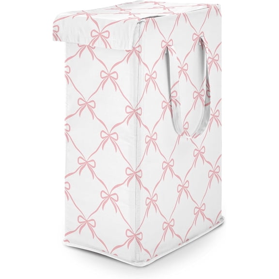 Laundry Hamper for Girls - Pink Bows Foldable Dirty Clothes Basket with Handles for Bedroom and Bathroom