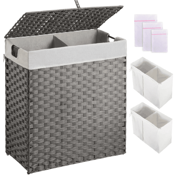 Laundry Hamper with lid, No Install Needed, 110L Wicker Laundry Baskets Foldable 2 Removable Liner Bags, 2 Section Clothes Hamper Handwoven Rattan Laundry Basket with Handles, Gray