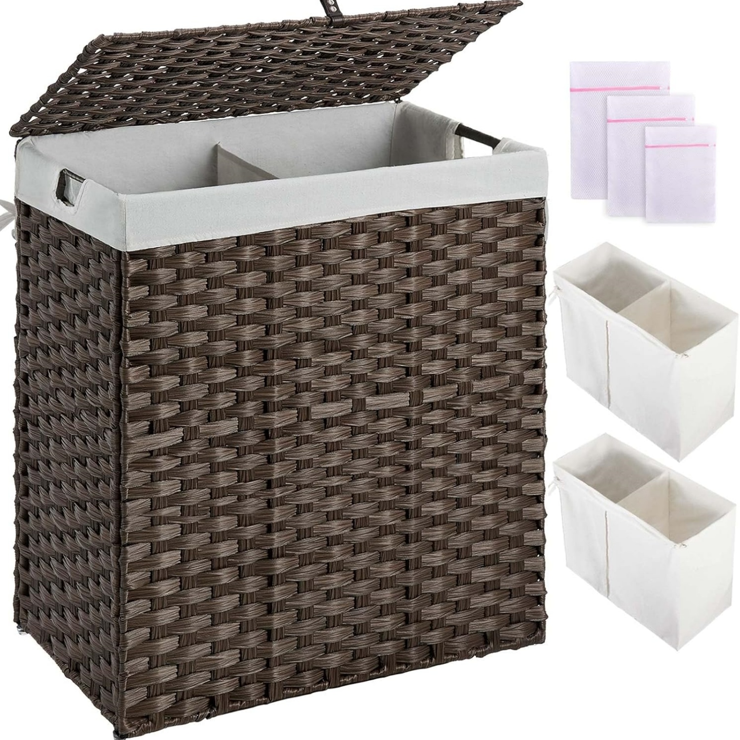 Laundry Hamper with lid, No Install Needed, 110L Wicker Laundry Baskets Foldable 2 Removable Liner Bags, 2 Section Clothes Hamper Handwoven Rattan Laundry Basket with Handles, Brown