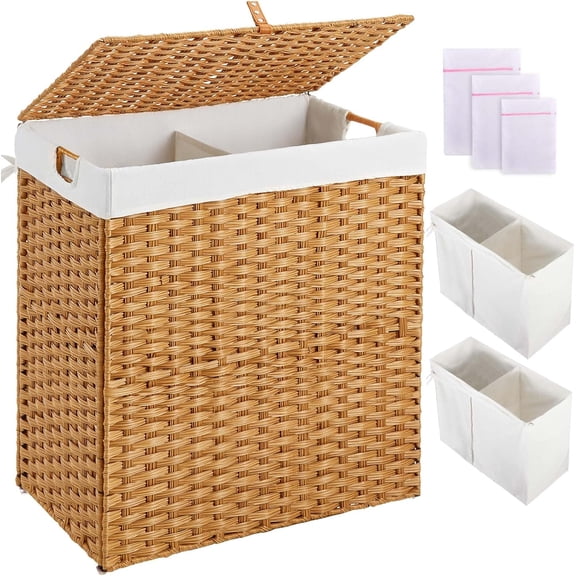 Laundry Hamper with lid, No Install Needed, 110L Wicker Laundry Baskets Foldable 2 Removable Liner Bags, 2 Section Clothes Hamper Handwoven Rattan Laundry Basket with Handles, Natural