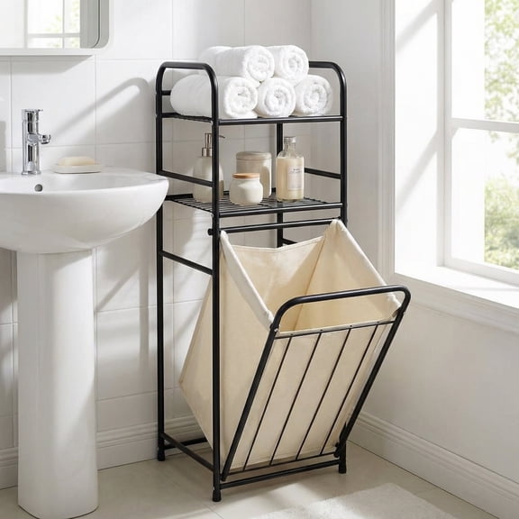 Takira Laundry Organize Basket Rack with Tilting Belt and Removable Bag,Featuring 2-Tier Shelving,Home