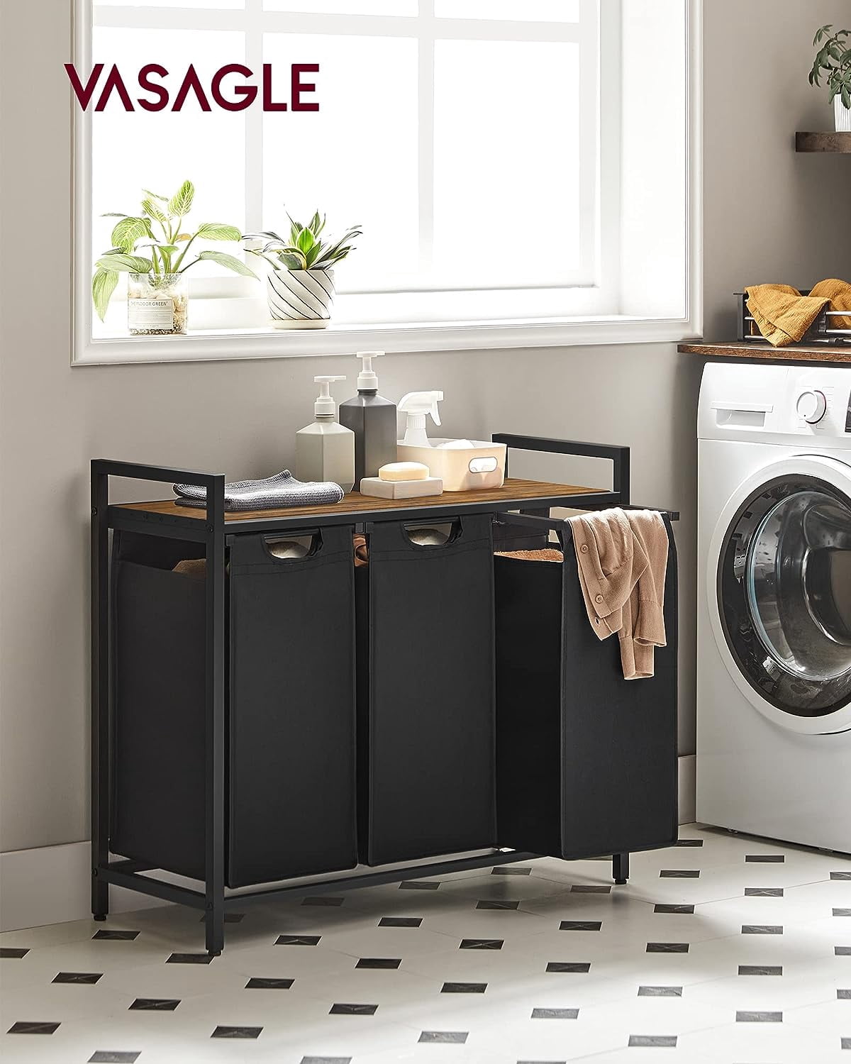 Laundry Hamper with 3 Removable Bags and Shelf, Metal Frame Laundry ...