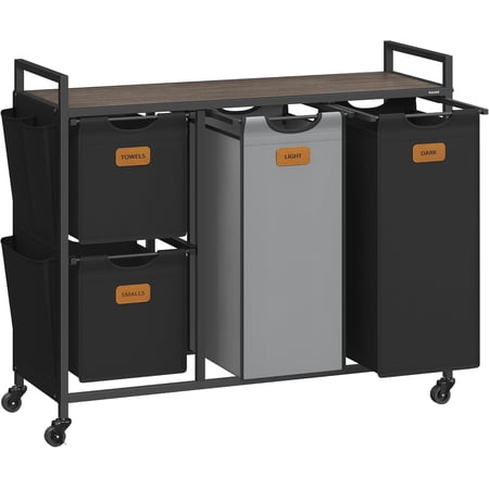 Laundry Hamper with 4 Compartments, 39.6 Gal. (150 L) Laundry Sorter, Rolling Laundry Cart 6 Labels, Chestnut Brown, Ink Black and Dove Gray