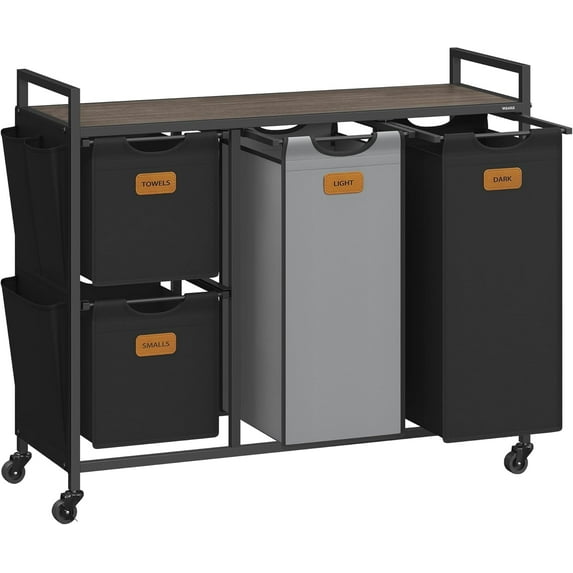 Laundry Hamper with 4 Compartments, 39.6 Gal. (150 L) Laundry Sorter, Rolling Laundry Cart 6 Labels, Chestnut Brown, Ink Black and Dove Gray