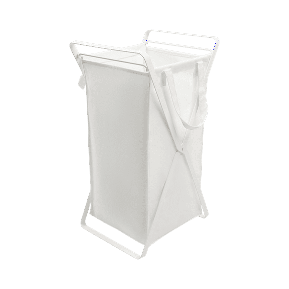 Yamazaki Home Laundry Hamper with Cotton Liner - Two Sizes, White, Steel + Cotton, Small, 12 gallons, 45 liters, Collapsible, Handles, Machine Washable, Removable Liner, No Assembly