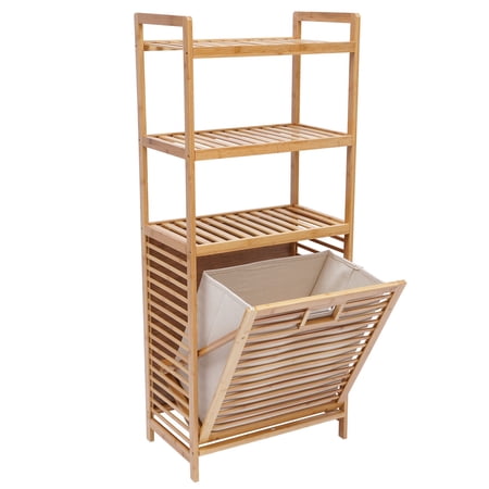 3-Tier Bamboo Tilt-Out Laundry Hamper Cabinet w/ Storage Shelves Basket 46.9"H Tall Brown
