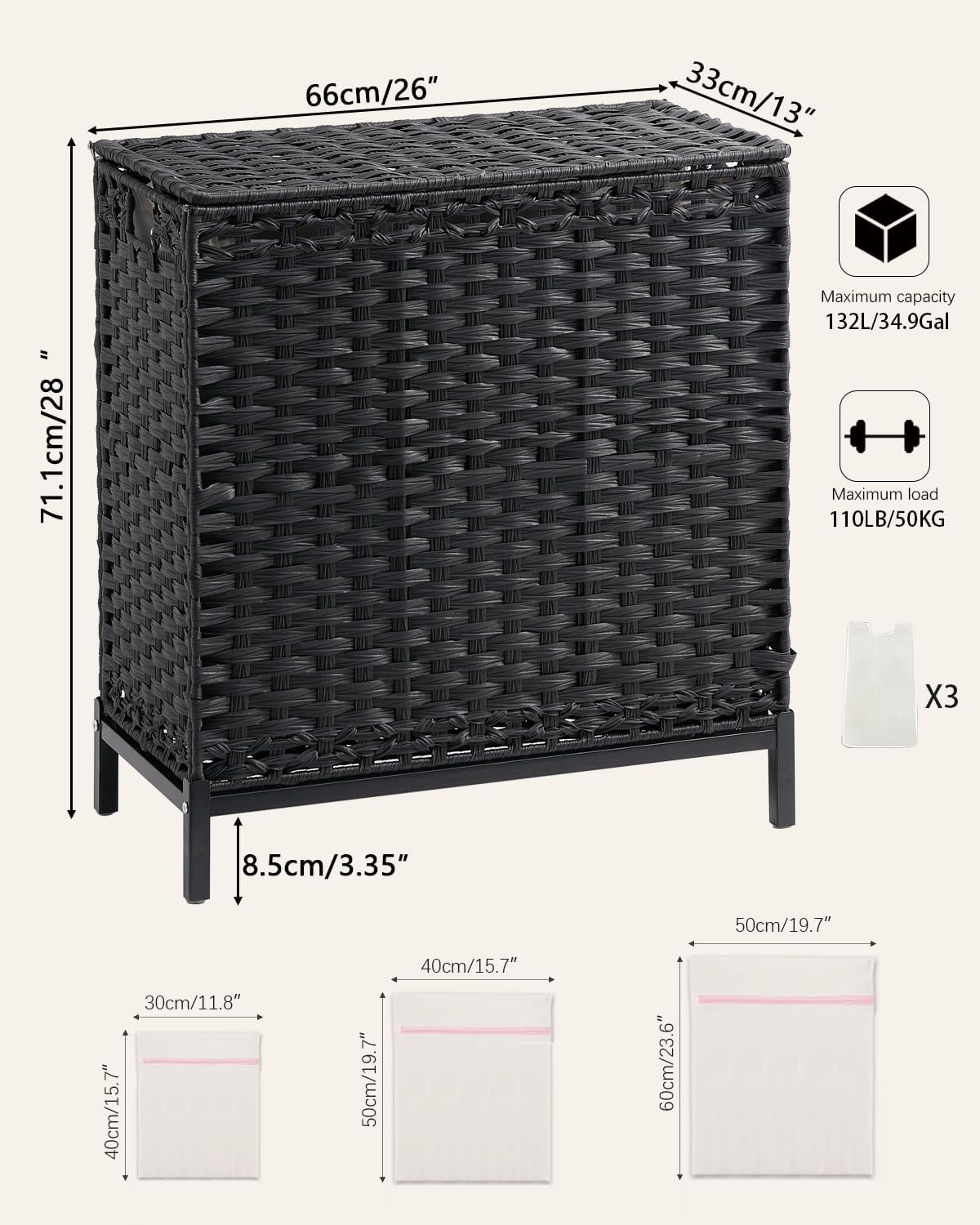 Laundry Hamper with Lid 132L Rattan Clothes Basket Metal Feet Removable ...