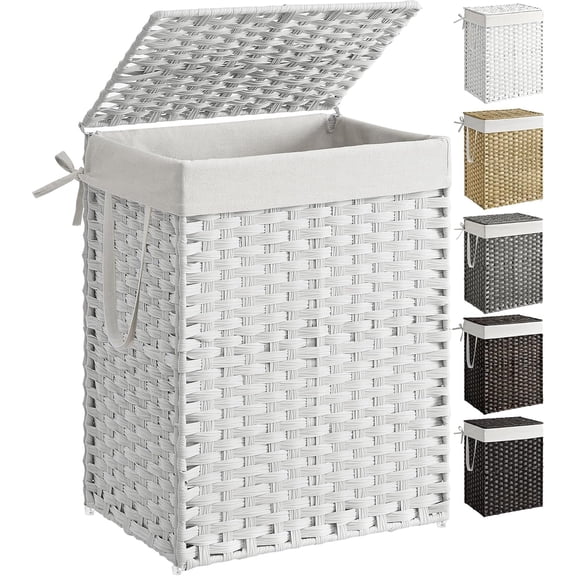 Laundry Hamper with Lid, 23.8 Gallon (90 L) Synthetic Rattan Clothes Laundry Basket with Lid and Handles, Foldable, Removable Liner, Cloud White