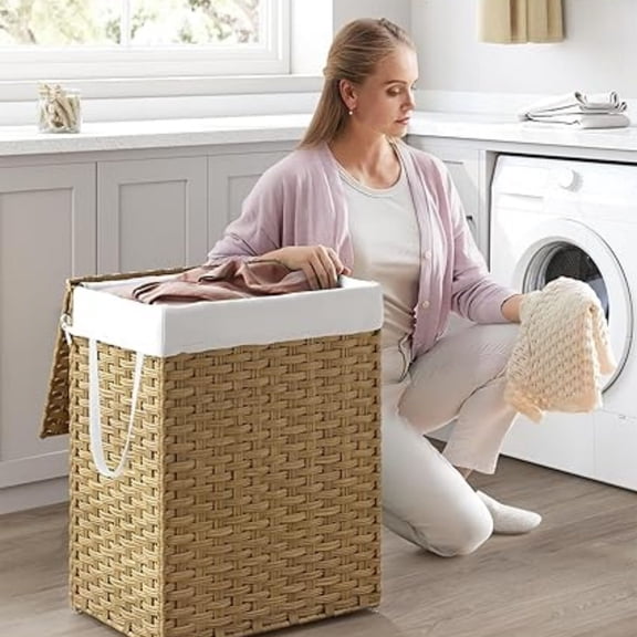 Laundry Hamper with Lid, 23.8 Gallon (90 L) Synthetic Rattan Clothes Laundry Basket with Lid and Handles, Foldable, Removable Liner, Goose Yellow