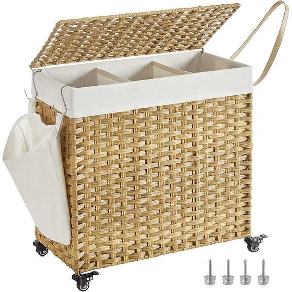 Laundry Hamper with Lid, 37 Gallons Rolling Laundry Basket with Wheels, 3-Section Synthetic Rattan Bedroom, 26 x 13 x 26 Inches, Natural