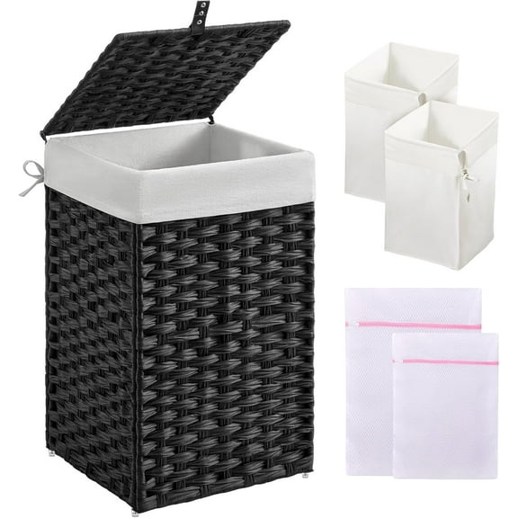 Laundry Hamper with Lid,  Clothes Hamper with  Removable Liner Bags  Mesh Laundry Bags, Handwoven Synthetic Rattan Laundry Basket for Clothes