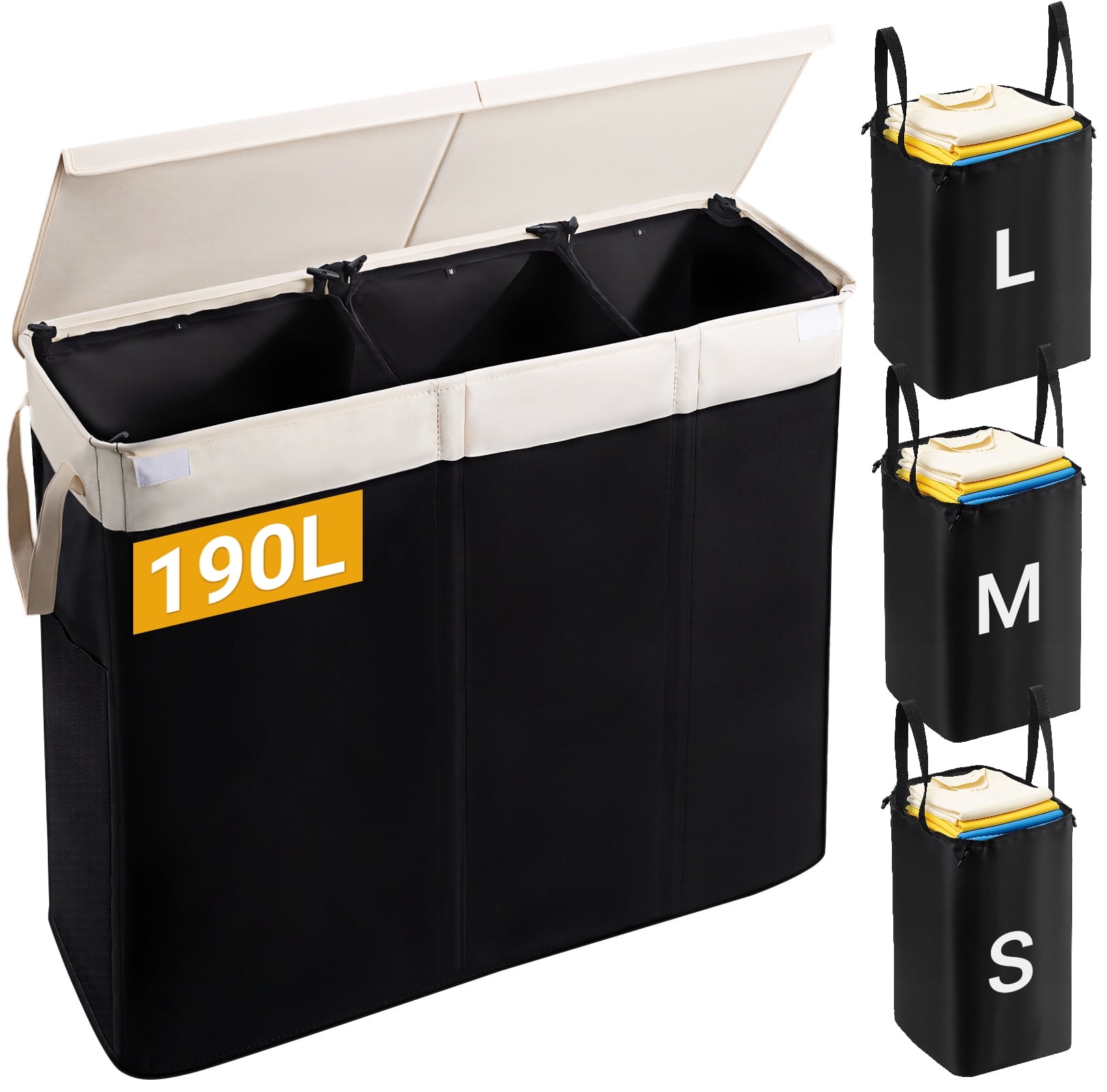 Large Laundry Hamper with Lid, 3-Bin Laundry Baskets with Removable Bags,190L