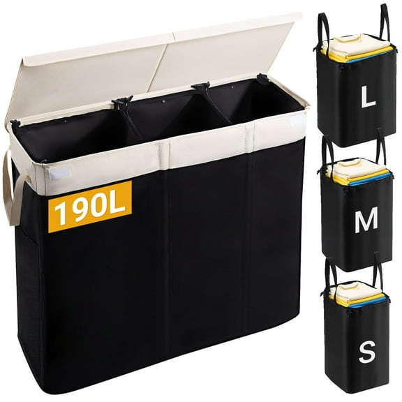 Large Laundry Hamper with Lid, 3-Bin Laundry Baskets with Removable Bags,190L