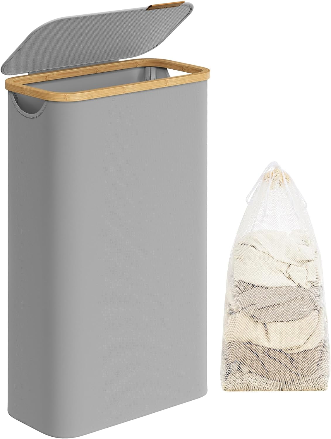Slim Dove Gray Bamboo Collapsible Laundry Hamper with Lid