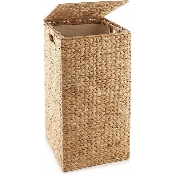 Laundry Hamper with Lid and Removable Liner Bag - Natural, Woven Water Hyacinth Square Laundry Basket Sorter for Clothes and Towels