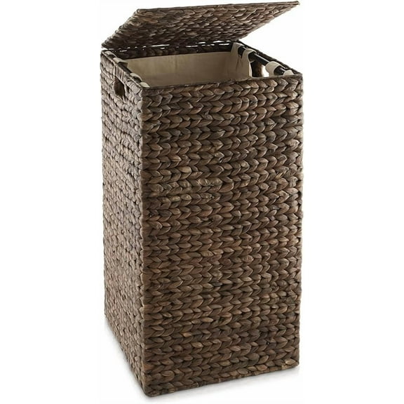 Laundry Hamper with Lid and Removable Liner Bag - Natural, Woven Water Hyacinth Square Laundry Basket Sorter for Clothes and Towels